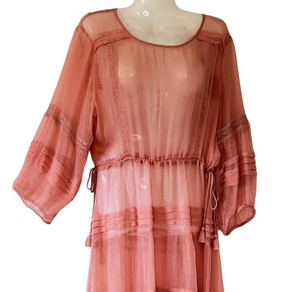 Sundance Rosalie Midi Dress Dusty Rose Semi Sheer Cinched Waist with Ties  Med - Picture 4 of 10